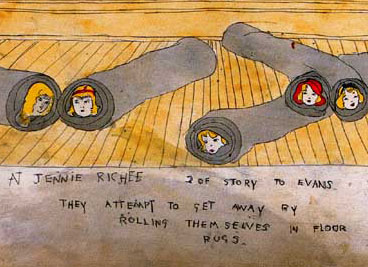 at jennie richee they attempt to get away by rolling themselves in floor rugs.  henry darger.